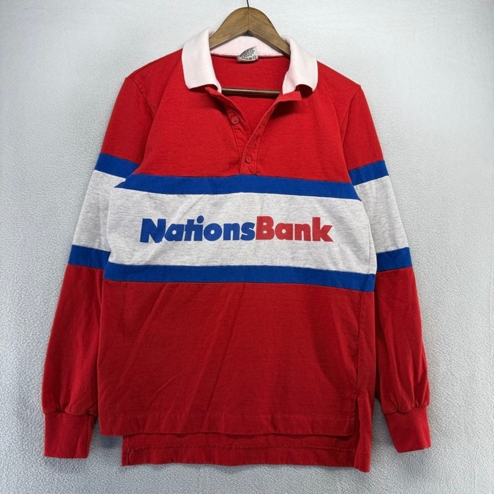 Vintage Nutmeg Mills Rugby Shirt Mens Medium Red NationsBank Spellout Polo USA